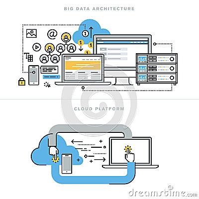 Flat line design concepts for big data architecture and cloud computing Vector Illustration