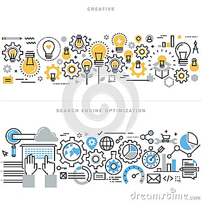 Flat line design concepts for creative process workflow and SEO Vector Illustration