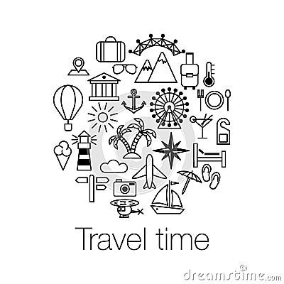 Flat Line design graphic image concept, website elements layout of Time to Travel. Travel time poster with sun, helicopter Vector Illustration