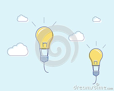 Flat line design vector illustration with flying lightbulbs like air balloons. Vector illustration for creativity freedom Vector Illustration