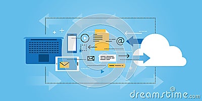 Flat line design website banner of cloud computing, data storage Vector Illustration