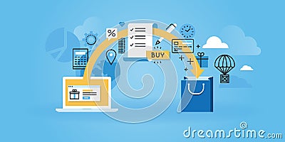 Flat line design website banner of e-commerce Vector Illustration