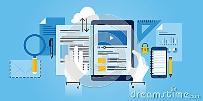 Flat line design website banner of e-learning Vector Illustration