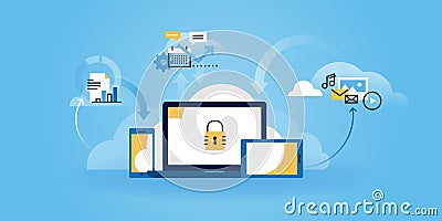 Flat line design website banner of internet security Vector Illustration