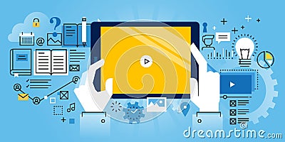 Flat line design website banner of online education Vector Illustration