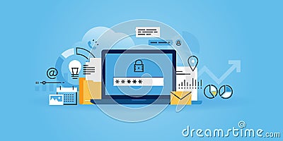 Flat line design website banner of online security Vector Illustration