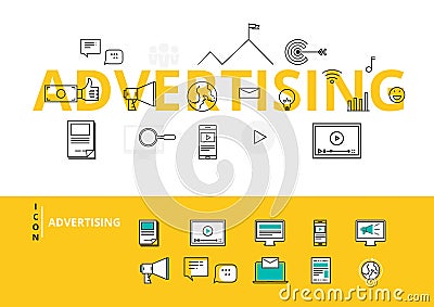 Flat line design word ADVERTISING with icons and elements. Vector Illustration