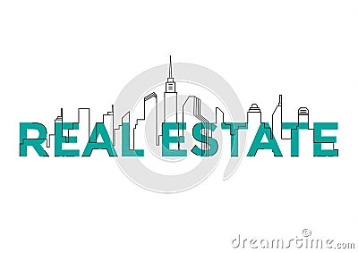 Flat line design word REAL ESTATE with buildings and elements. Real estate concept. City in line style. Vector Illustration