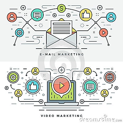 Flat line E-mail and Video Marketing Concept Vector illustration Vector Illustration