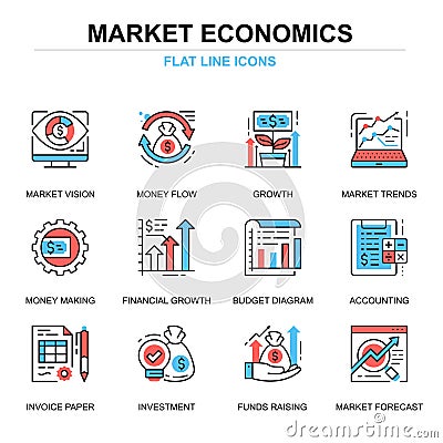 Flat line global market economics icons concepts set for website and mobile site and apps. Vector Illustration