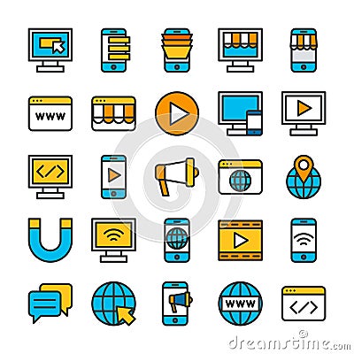 Flat line icon set, internet business ecommerce, digital online marketing shopping store Stock Photo