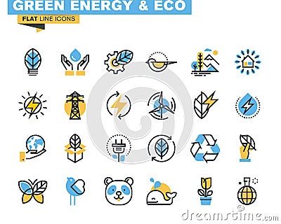 Flat line icons set of green technology Vector Illustration