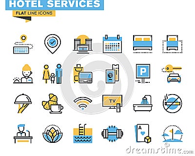 Flat line icons set of hotel service facilities Vector Illustration