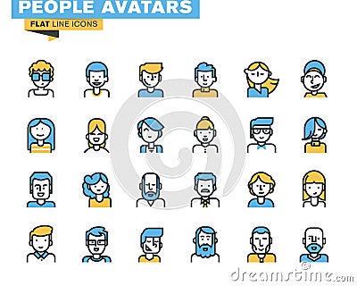 Flat line icons set of people stylish avatars Vector Illustration