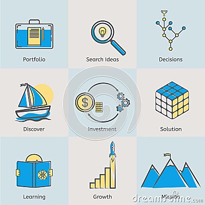 Flat line icons set of portfolio, search ideas Vector Illustration