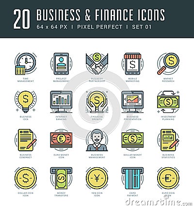 Flat line icons set. Trendy Modern thin linear stroke vector Business and Finance concept Vector Illustration