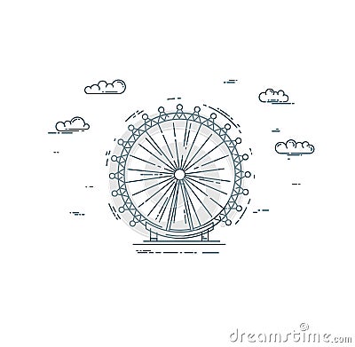 Flat line illustration with big wheel and clouds Cartoon Illustration