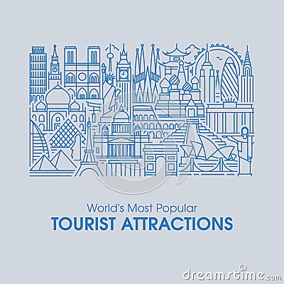 Flat line illustration of world's most popular tourist attractions Vector Illustration