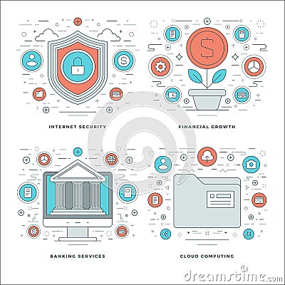 Flat line Internet Security, Financial Growth, Banking Services, Business Concepts Set Vector illustrations. Vector Illustration