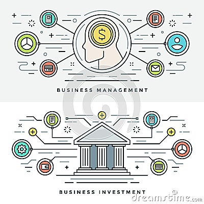 Flat line Investment and Business Management Concept Vector illustration. Modern thin linear stroke vector icons. Vector Illustration