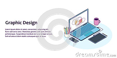 Flat line isometric illustration of designer workplace with computer and graphics tablet. Vector Illustration