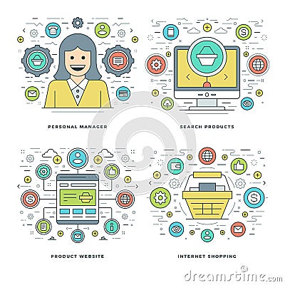 Flat line Manager, Search Products, Shopping Business Concepts Set Vector illustrations. Vector Illustration