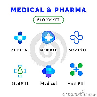 Flat line medicine icons blue and green logos set, web online concept.Logo of pills, medical cross, pharmaceutical icons Vector Illustration