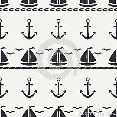 Flat line monochrome vector seamless pattern ocean boat with sail, anchor. Cartoon retro style. Regatta. Seagull. Summer Vector Illustration