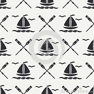 Flat line monochrome vector seamless pattern ocean boat with sail, paddle. Cartoon retro style. Regatta. Seagull. Summer Vector Illustration