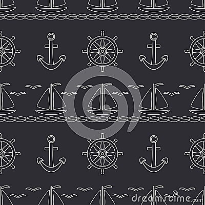 Flat line monochrome vector seamless pattern ocean boat, sail, steering wheel, anchor. Cartoon retro style. Regatta Vector Illustration