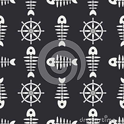 Flat line monochrome vector seamless pattern ocean fish bone, skeleton with steering wheel. Retro cartoon style. Skull Vector Illustration