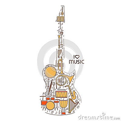 Flat line music icon set in guitar shape. Vector concept. Modern illustration. Vintage background design. Retro creative Vector Illustration