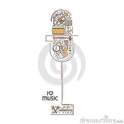 Flat line music icon set in microphone shape. Vector concept. Modern illustration. Vintage background design. Retro Vector Illustration