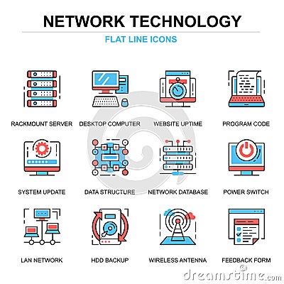 Flat line network technology icons concepts set for website and mobile site and apps. Vector Illustration