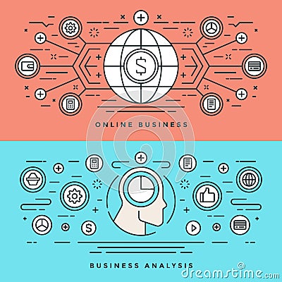 Flat line Online Business Analysis Concept Vector illustration. Modern thin linear stroke vector icons. Vector Illustration