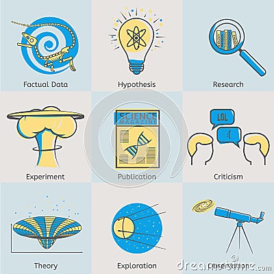 Flat line science icons set of factual data Vector Illustration