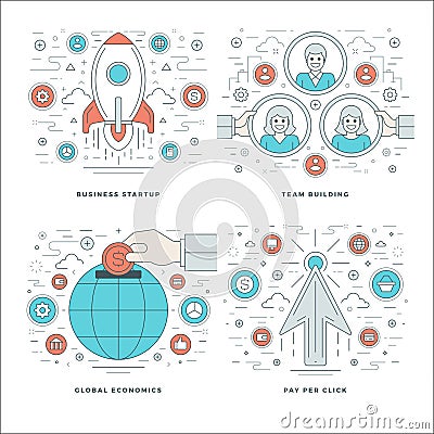 Flat line Start up, Team Building, Global Economics, Business Success Concepts Set Vector illustrations. Vector Illustration