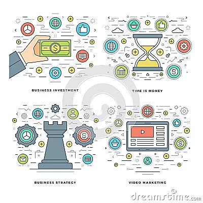 Flat line Strategy, Investment, Time Management Business Concepts Set Vector illustrations. Vector Illustration