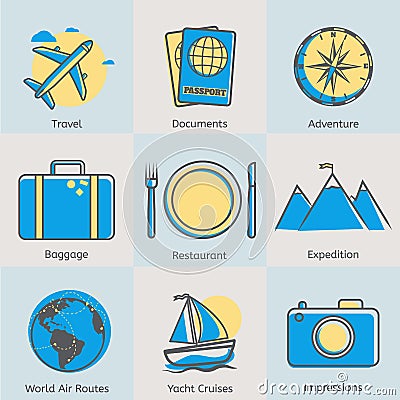 Flat line tourism icons set. Modern design style Vector Illustration