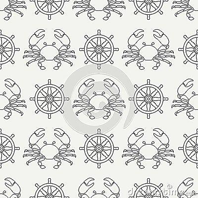 Flat line vector seamless pattern crab and steering wheel. Simplified retro. Cartoon style. Cancer. Omar. Seafood Vector Illustration