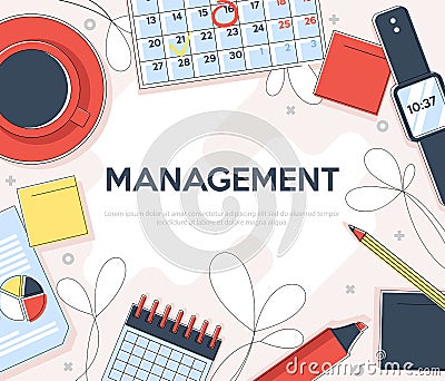 Flat linear illustration for landing page.Time management banner. Efficient use of time for implementation of the plan Vector Illustration