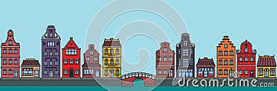Flat linear panorama of the city landscape with buildings and houses. tourism, travel to amsterdam Cartoon Illustration