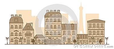 Flat linear panorama of the city landscape with buildings and houses. tourism, travel to Paris Vector illustration Cartoon Illustration