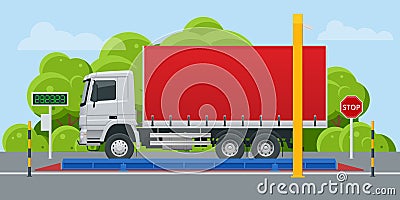 Flat loaded trailer truck on weighbridge. Weighing control platform. Container car on the weighing scale. Cargo Vector Illustration