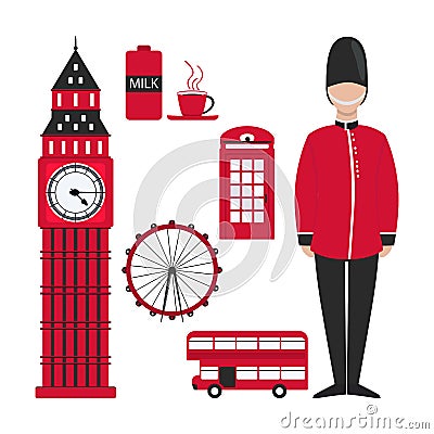 Flat london for decoration design. London skyline. Red london in modern style on white background. Vector Illustration