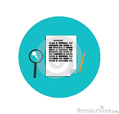 Flat magnifying glass with page and pencil Vector Illustration