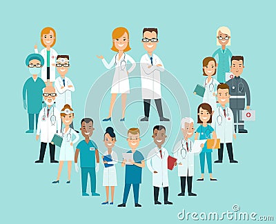 Flat male female doctors nurses medical team healt Cartoon Illustration