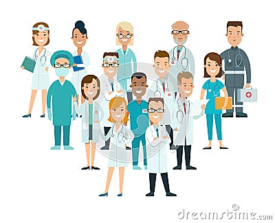 Flat male female doctors nurses medical team healt Cartoon Illustration