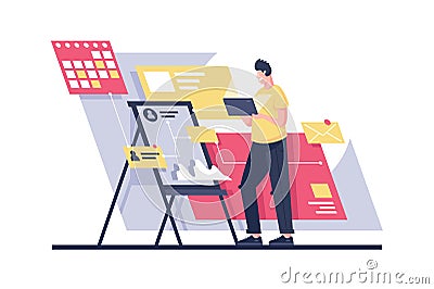 Flat man build program architecture with project management. Vector Illustration