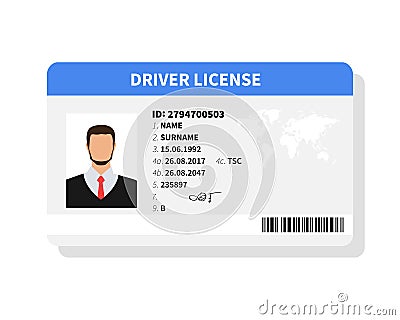 Flat man driver license plastic card template, identification card vector illustration. Vector Illustration